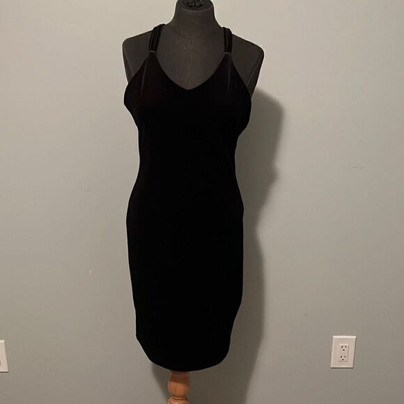 Women's Black Sleeveless Open Back Velvet Sheath Midi Dress - Picture 1 of 7